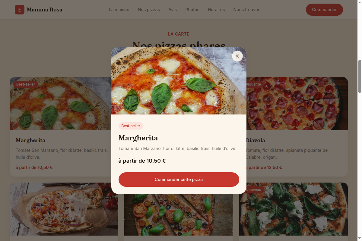 Fiche détail pizza en modale