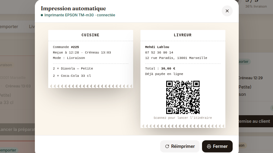 Impression automatique à l'arrivée d'une commande