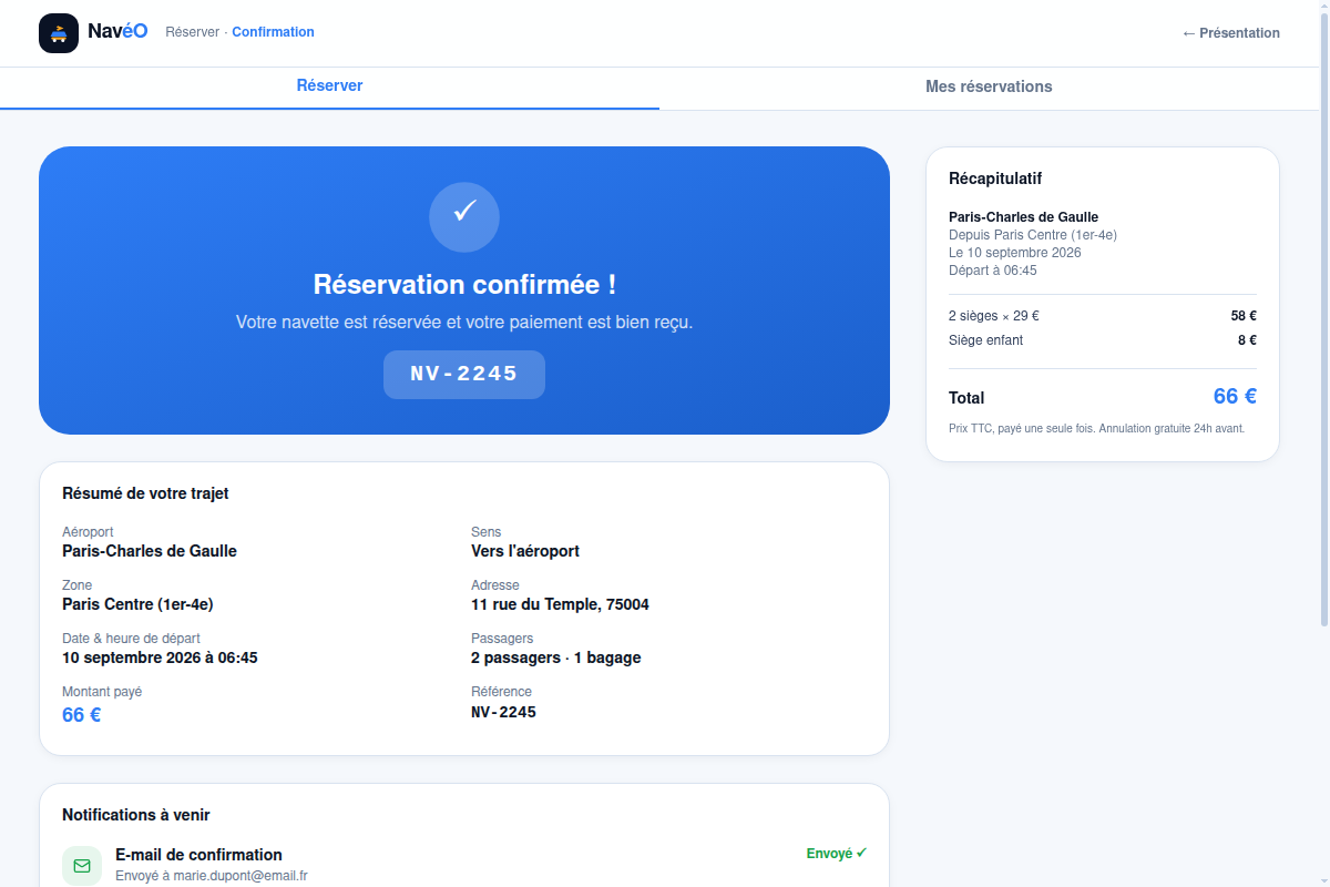 Réservation confirmée avec référence