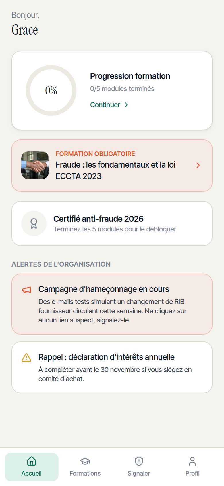 Accueil : progression formation et alertes