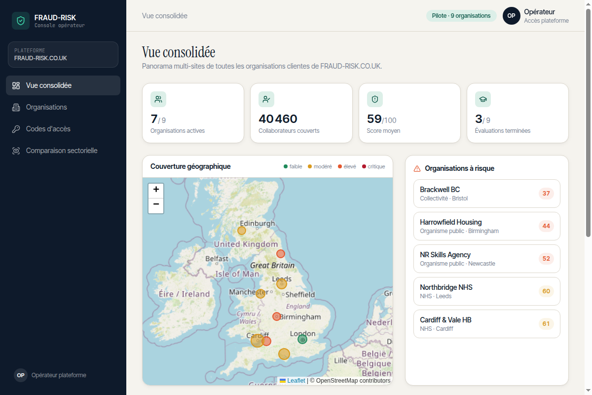 Vue consolidée multi-sites avec carte des risques