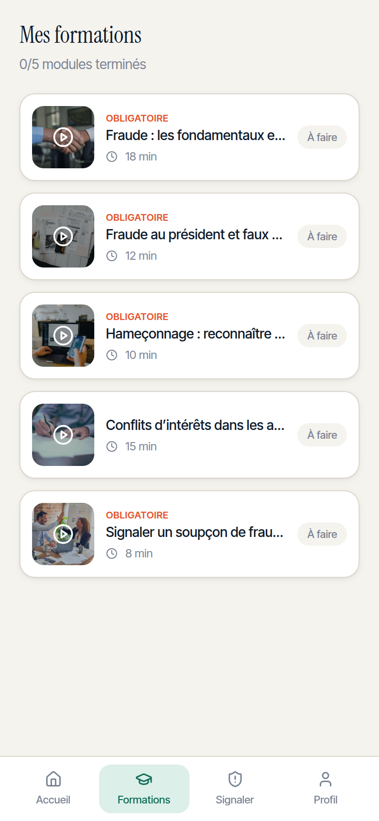 Mes formations : 5 modules obligatoires