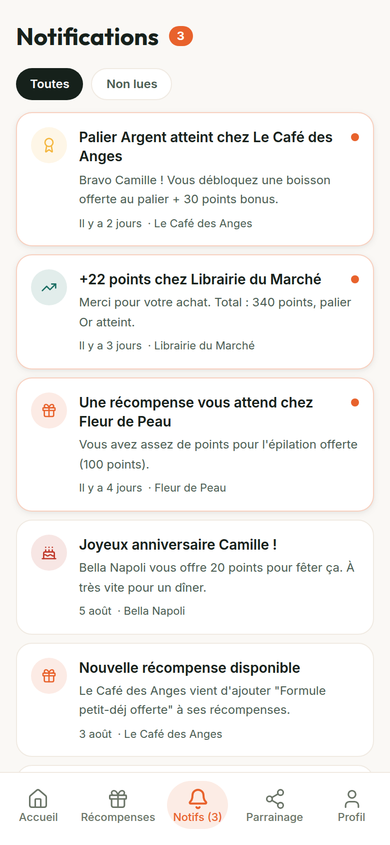 Notifications de paliers et récompenses