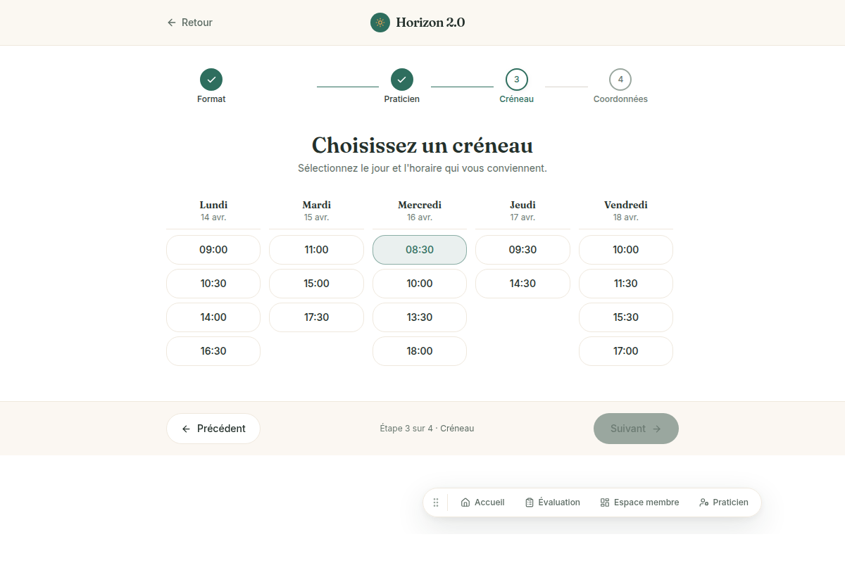 Sélection créneau — semaine disponible
