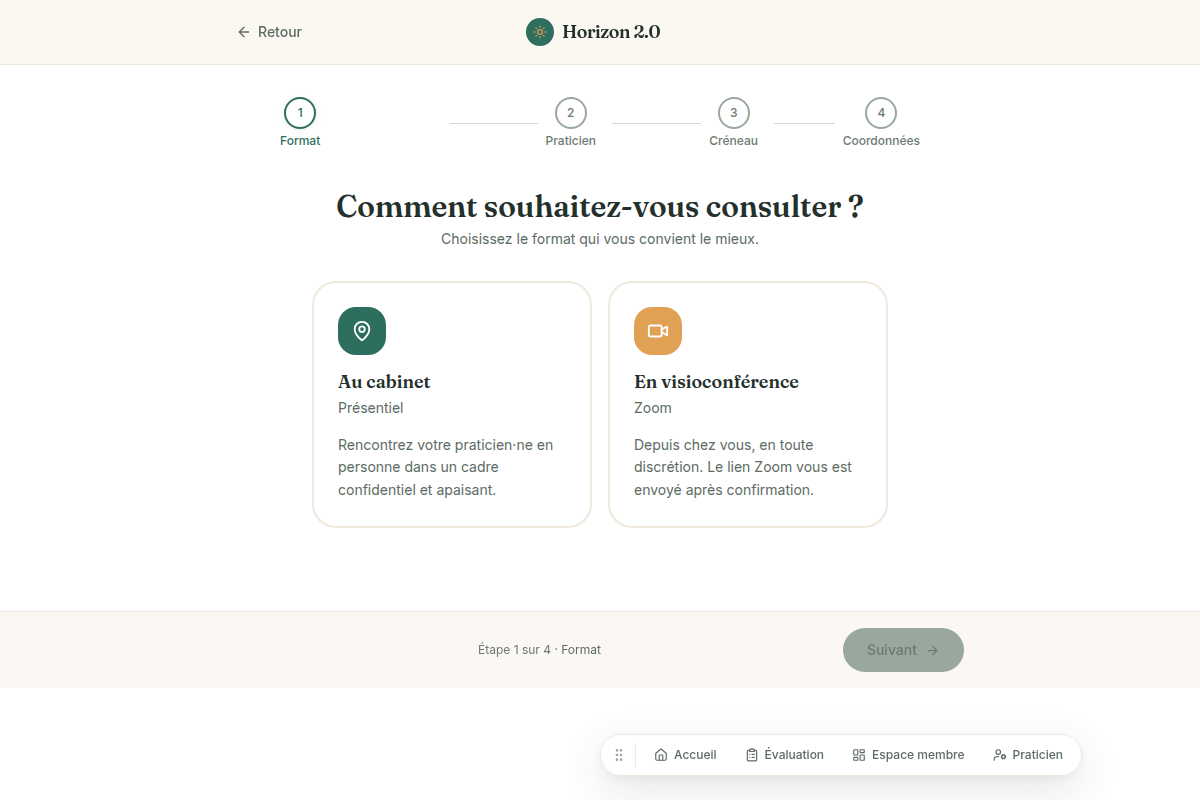 Choix format — cabinet ou visioconférence