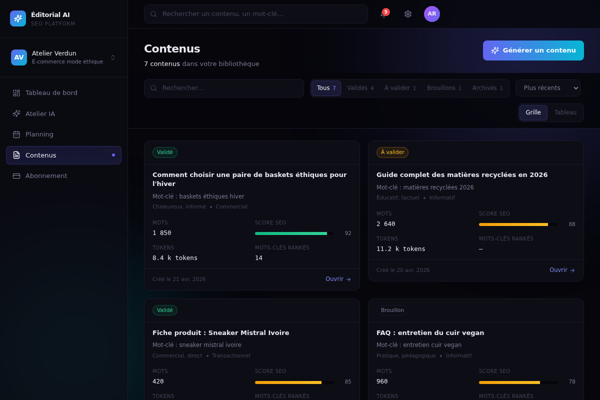 Bibliothèque de contenus avec score SEO