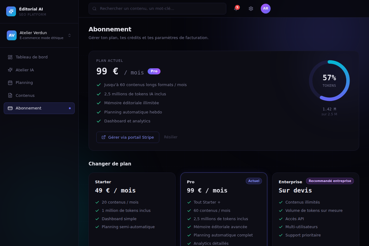 Abonnement : plans, tokens et facturation