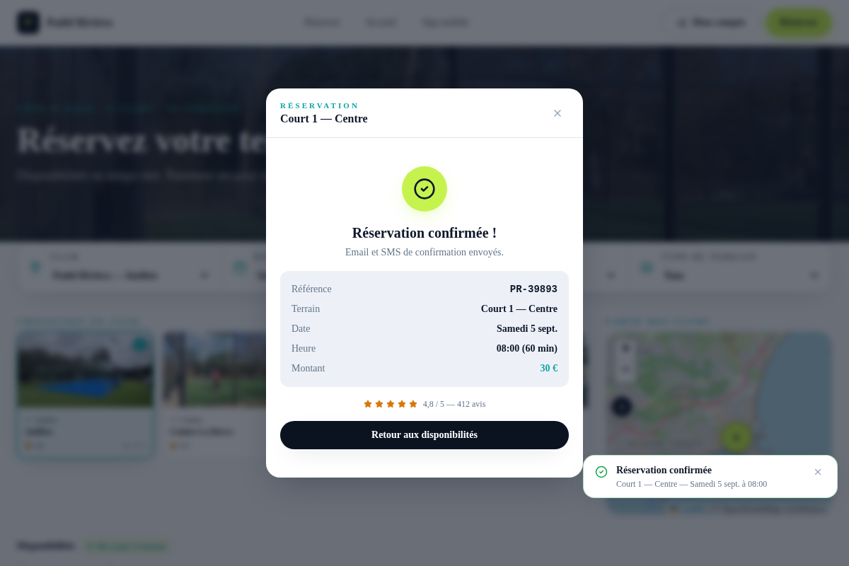 Réservation confirmée, email et SMS envoyés