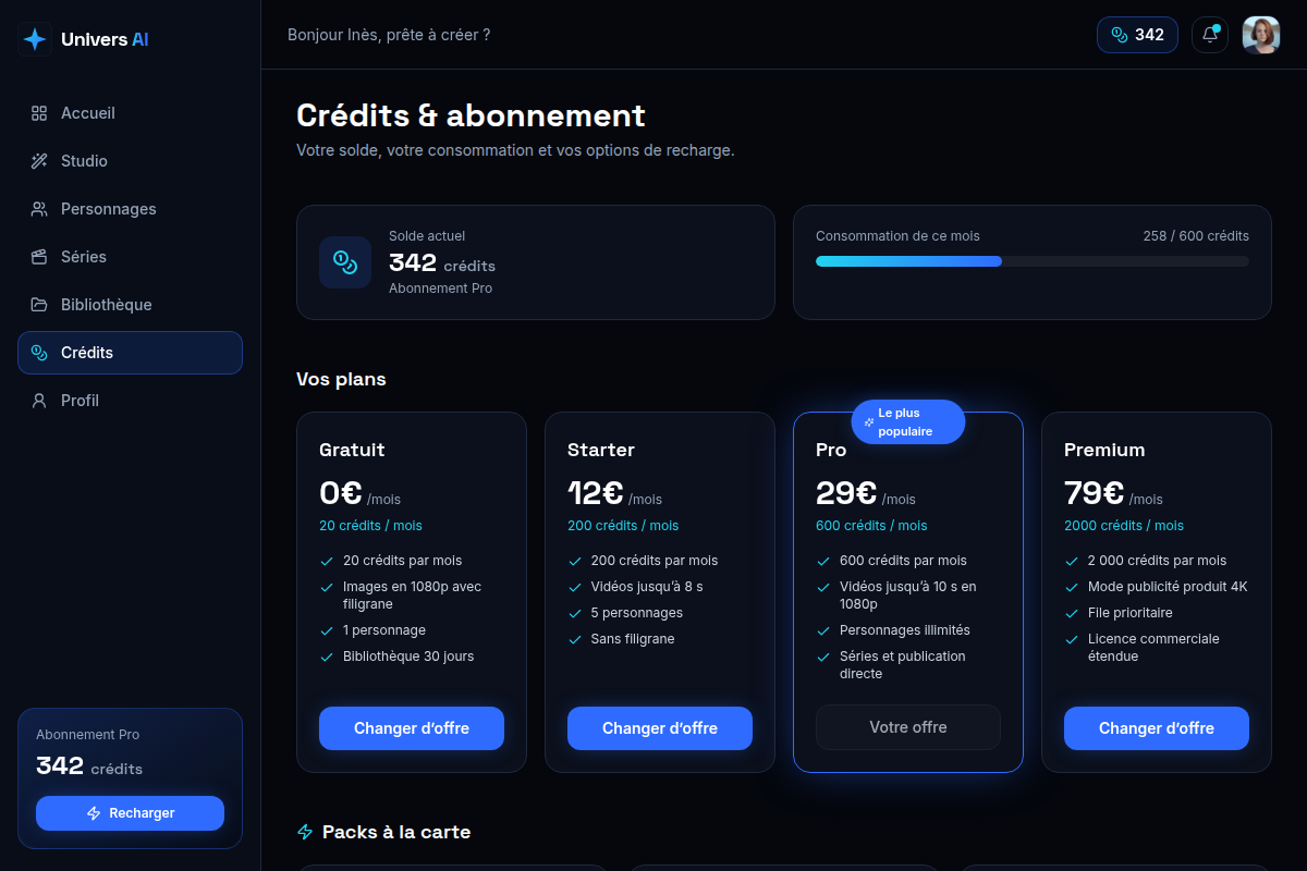 Crédits et plans d'abonnement