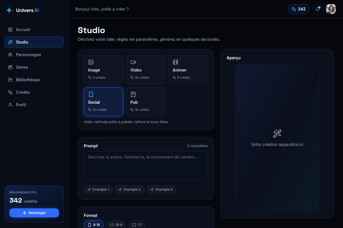 Studio : génération vidéo TikTok/Reels