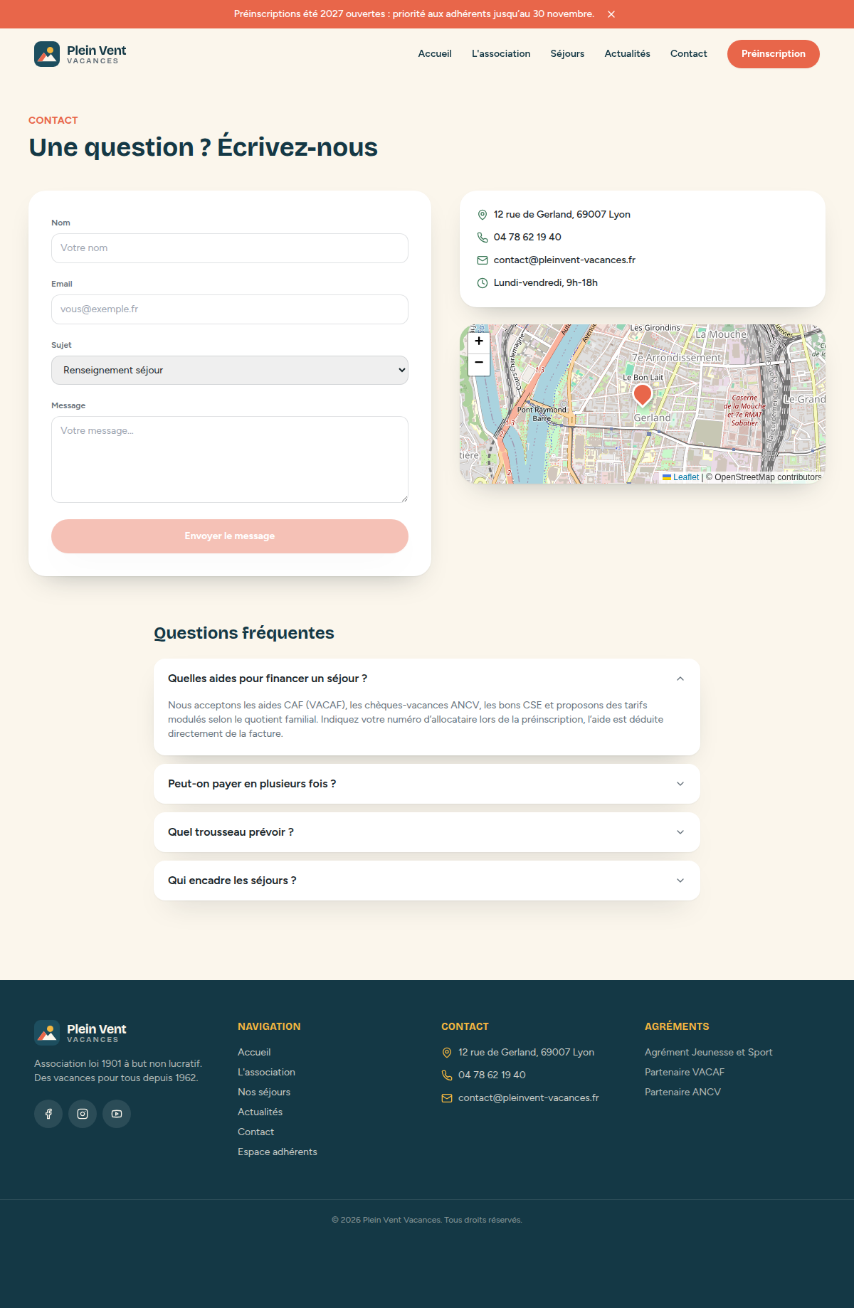 Formulaire de contact, coordonnées, carte