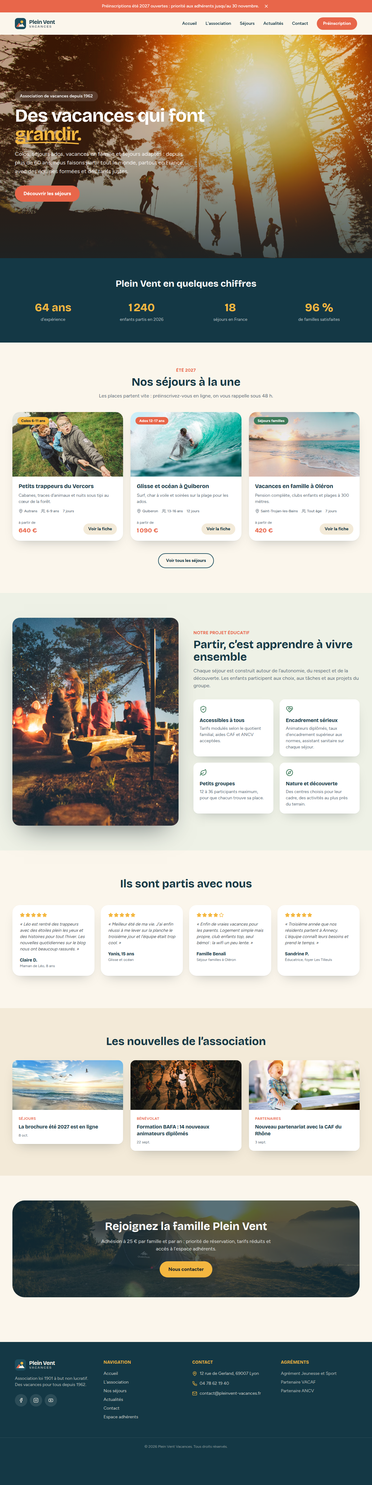 Accueil : hero, chiffres clés, séjours à la une