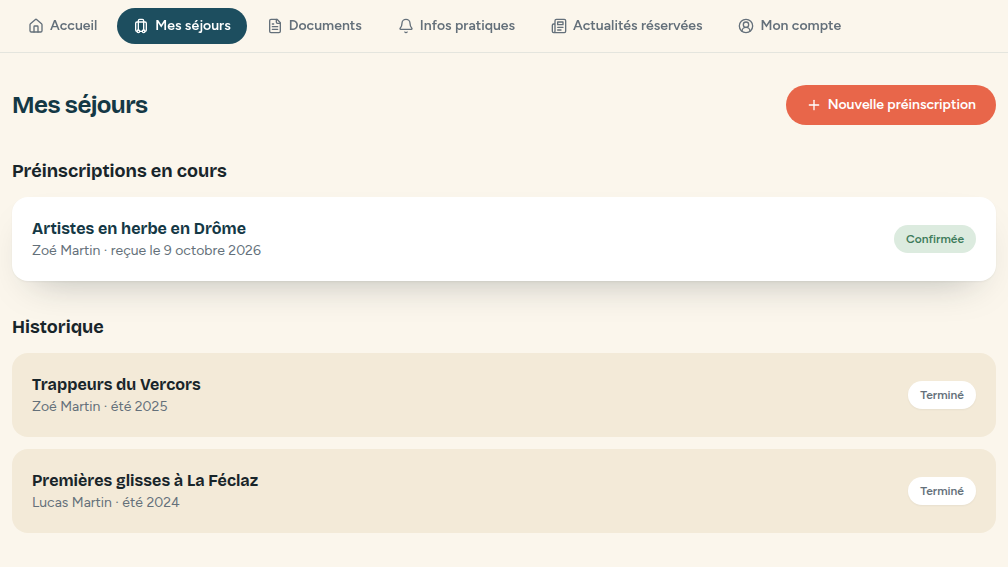Tous les séjours de la famille au même endroit