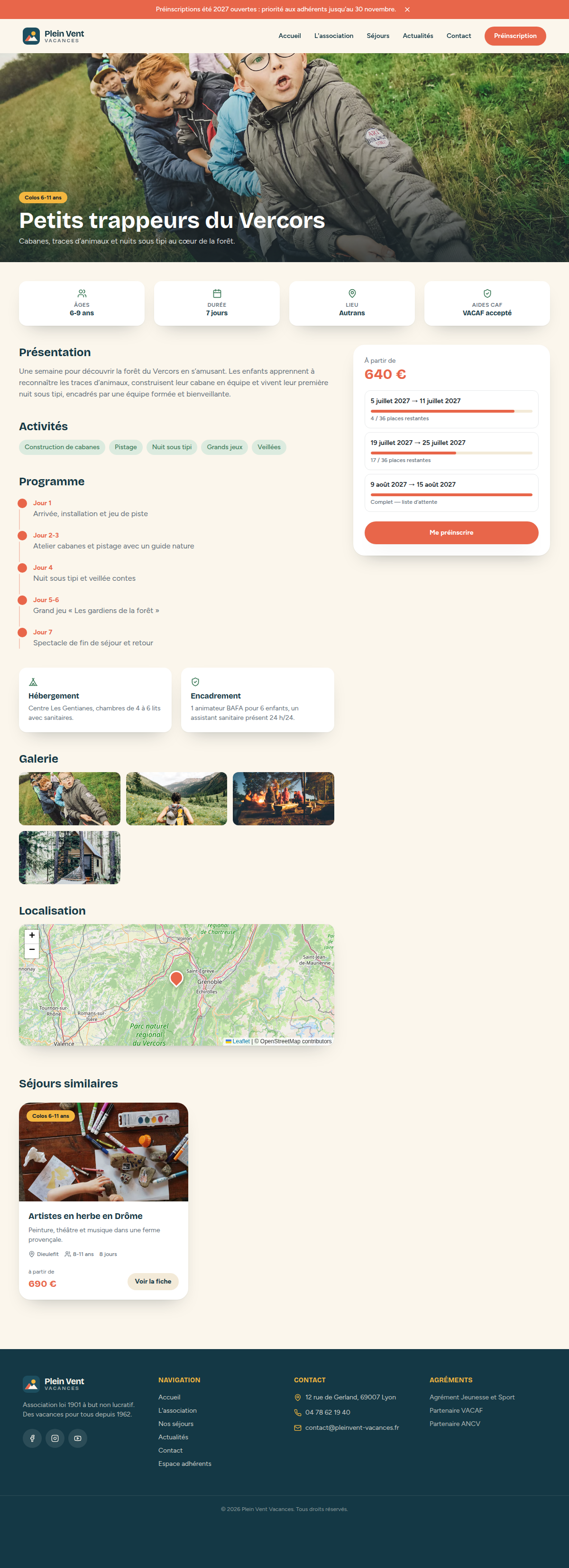 Fiche séjour : programme, sessions, places restantes