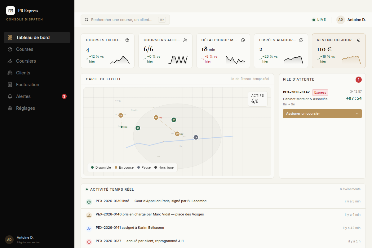 Console de dispatch : flotte, urgences, activité live