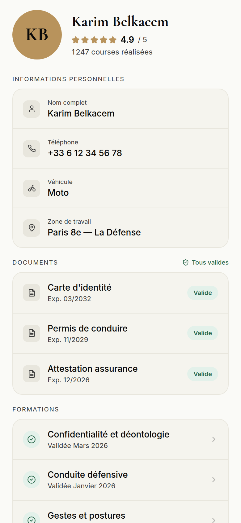 Profil coursier : véhicule, zone et documents