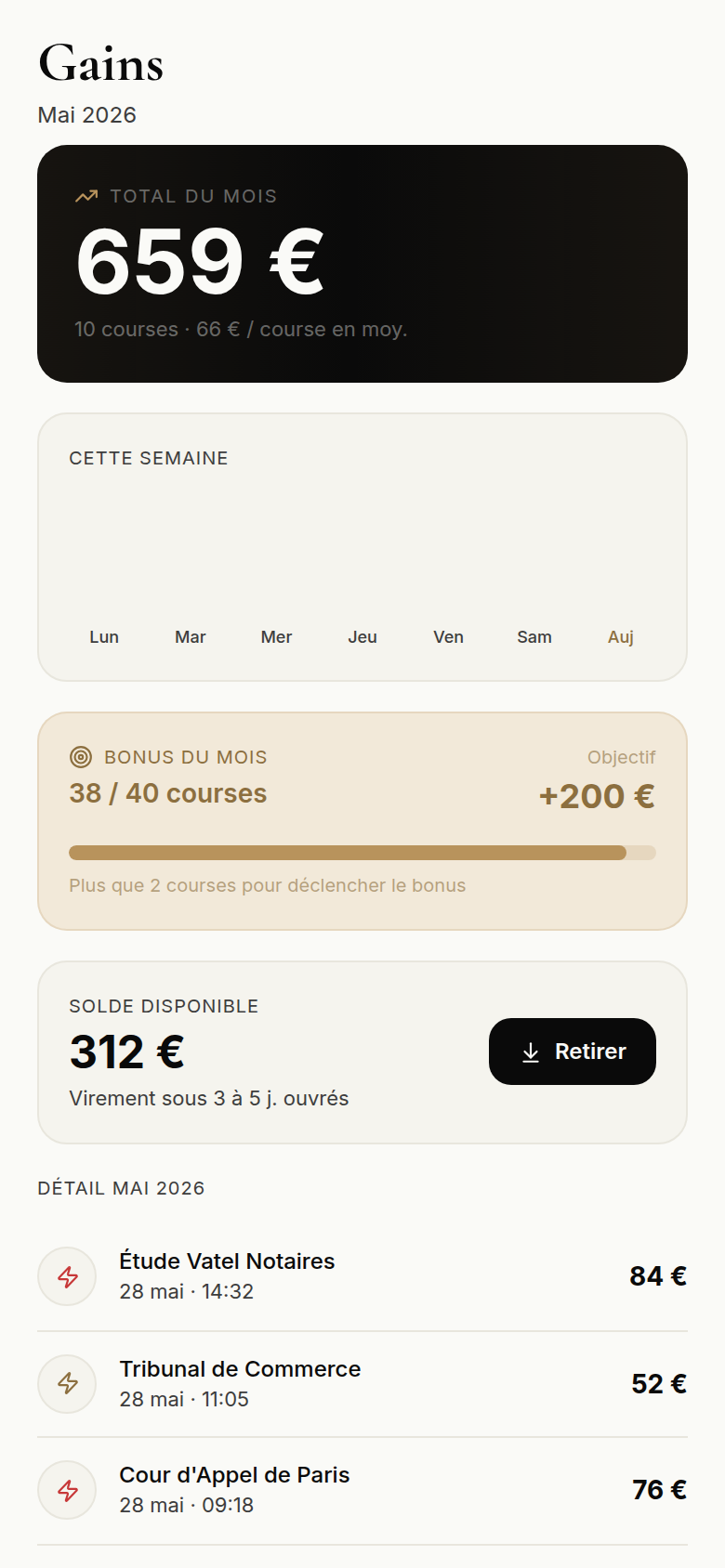 Gains, bonus et solde retirable du coursier