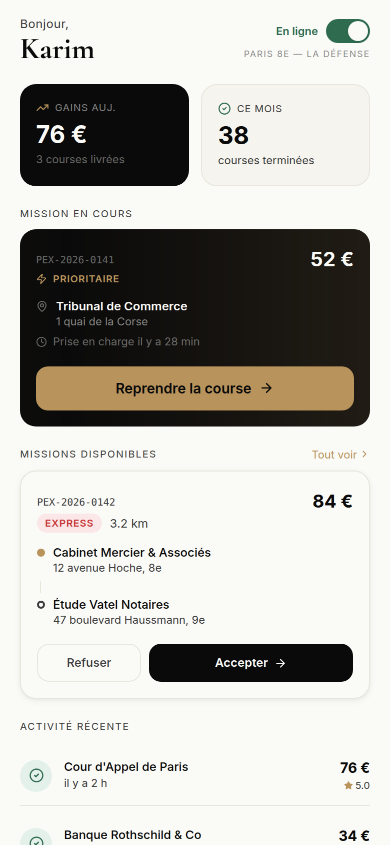 Accueil coursier : gains et missions du jour