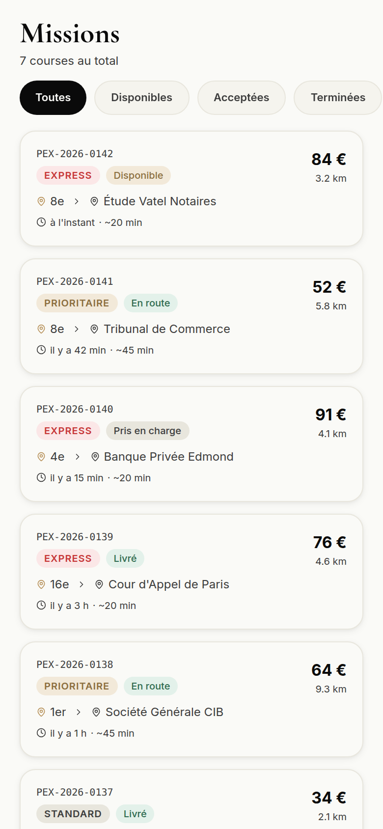 Missions disponibles avec prix, distance et ETA