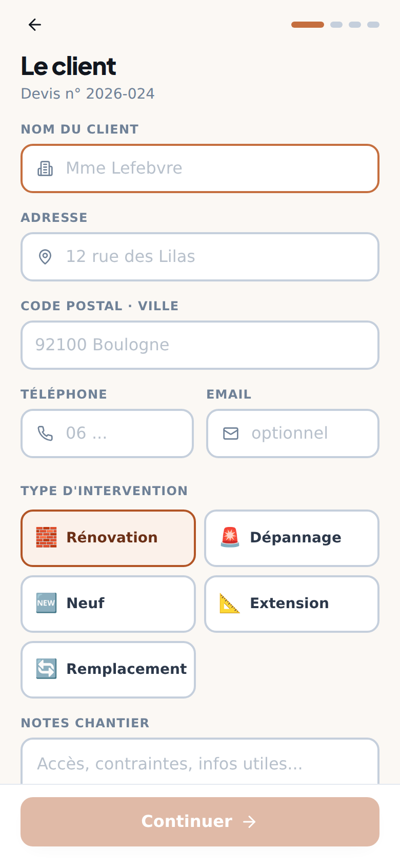 Nouveau chiffrage : client et intervention