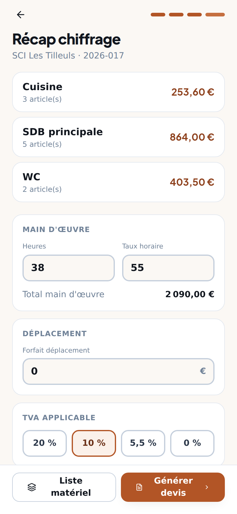 Récap : main d'œuvre, déplacement, TVA