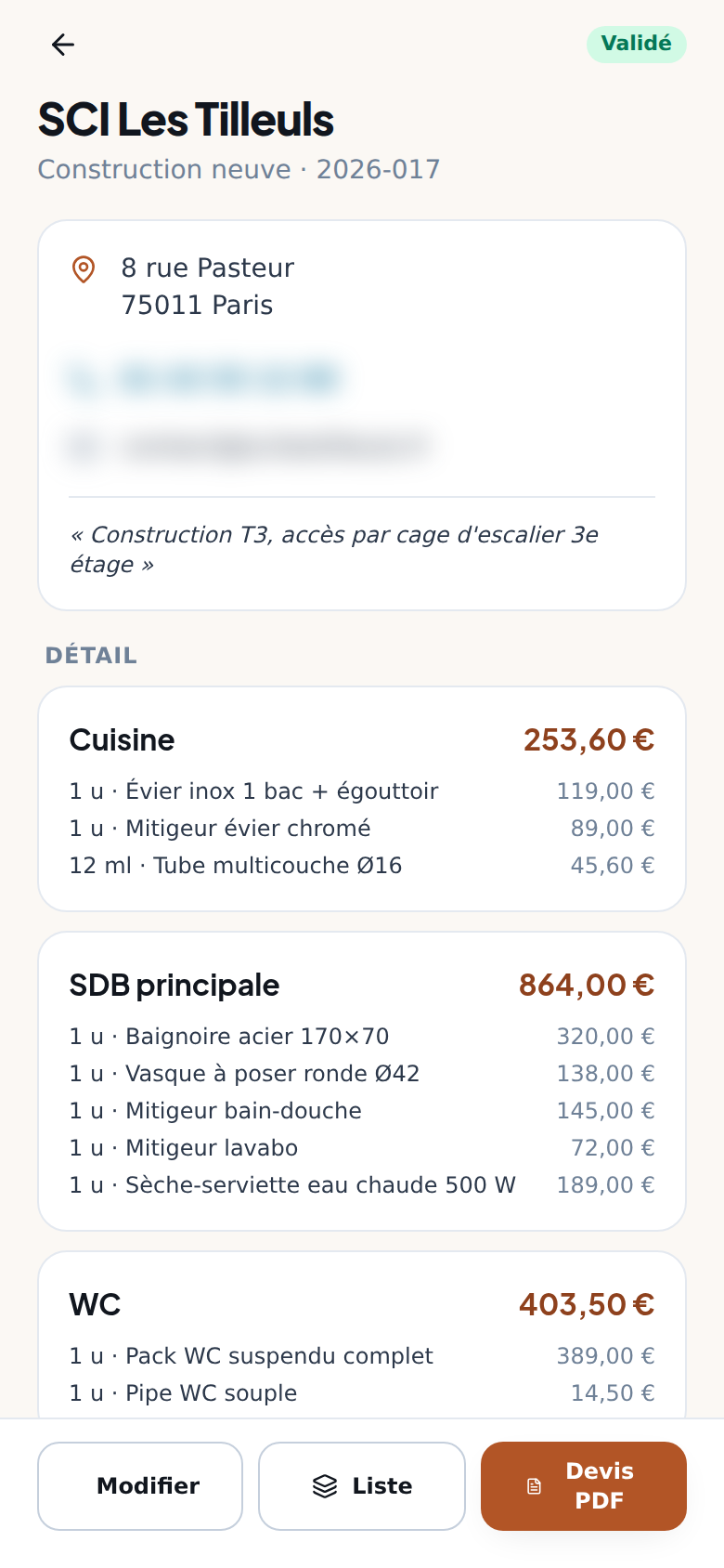 Détail d'un chantier chiffré