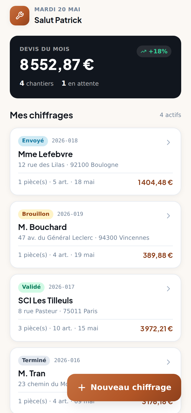 Tableau de bord et devis du mois