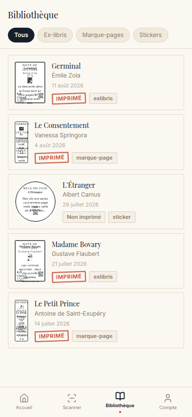Bibliothèque des créations imprimées et en attente