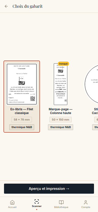 Choix du gabarit : ex-libris, marque-page, sticker