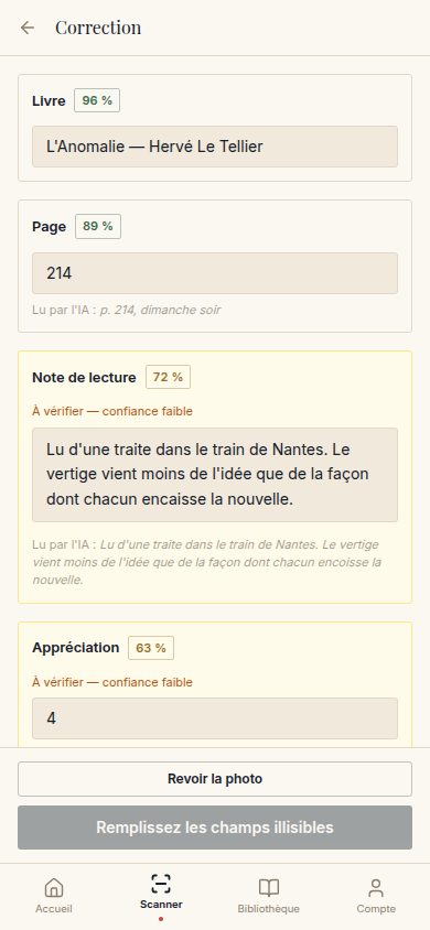 Correction manuelle des champs peu fiables
