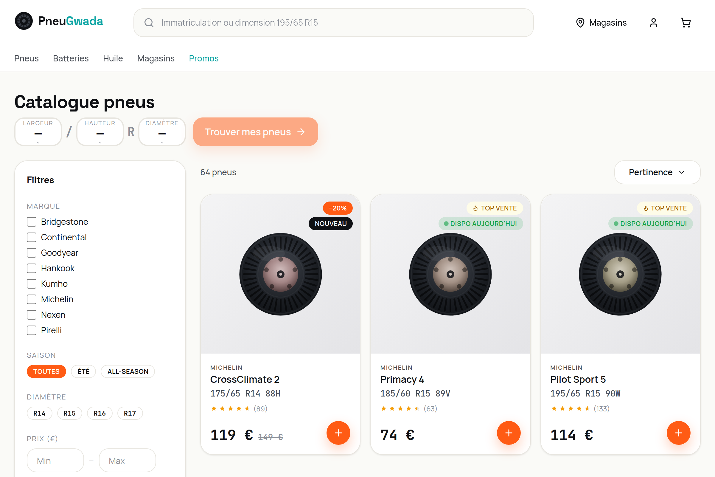 Catalogue pneus : filtres et disponibilité
