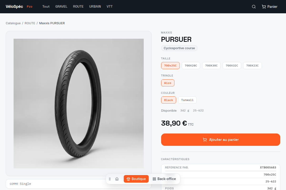 Fiche produit avec sélecteur de variantes