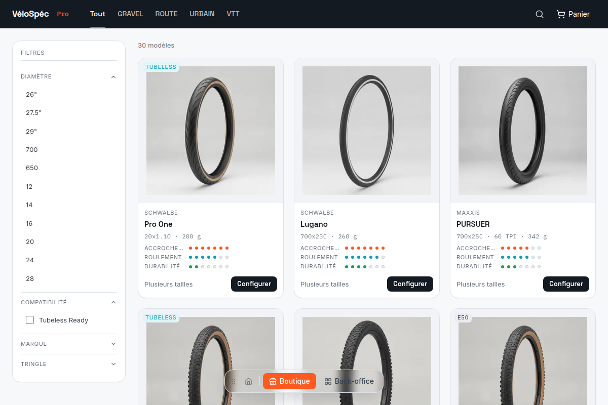 Catalogue avec filtres par pratique et taille