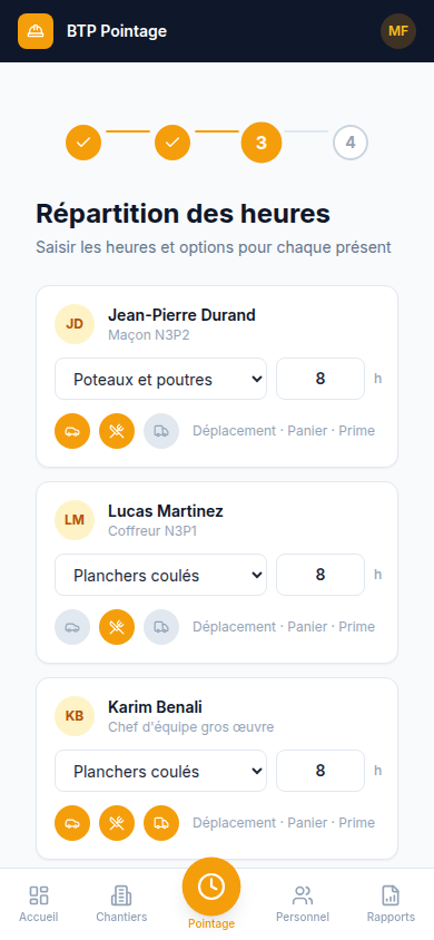 Heures et primes saisies par compagnon