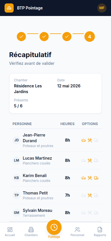 Récap avant validation du pointage
