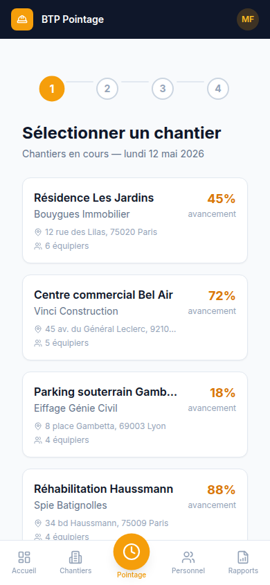 Pointage : choisir le chantier du jour