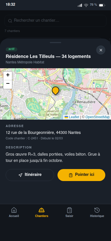 Fiche chantier avec carte et itinéraire GPS