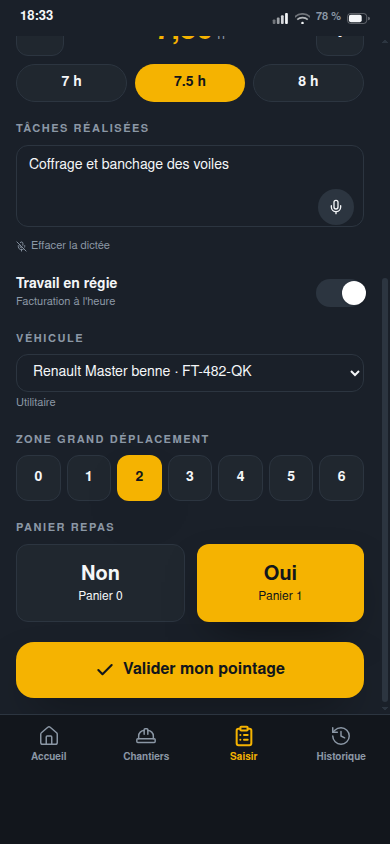Heures au quart d'heure, zone et panier repas