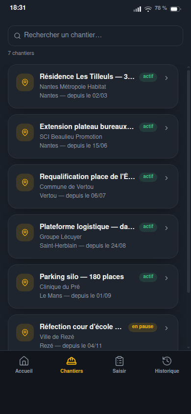 Chantiers actifs avec recherche instantanée