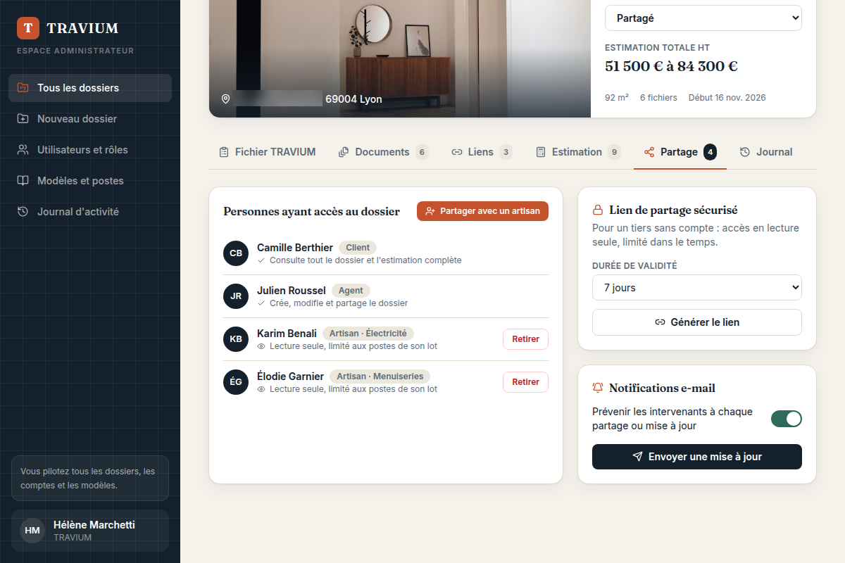 Partage du dossier : accès par rôle et lien sécurisé