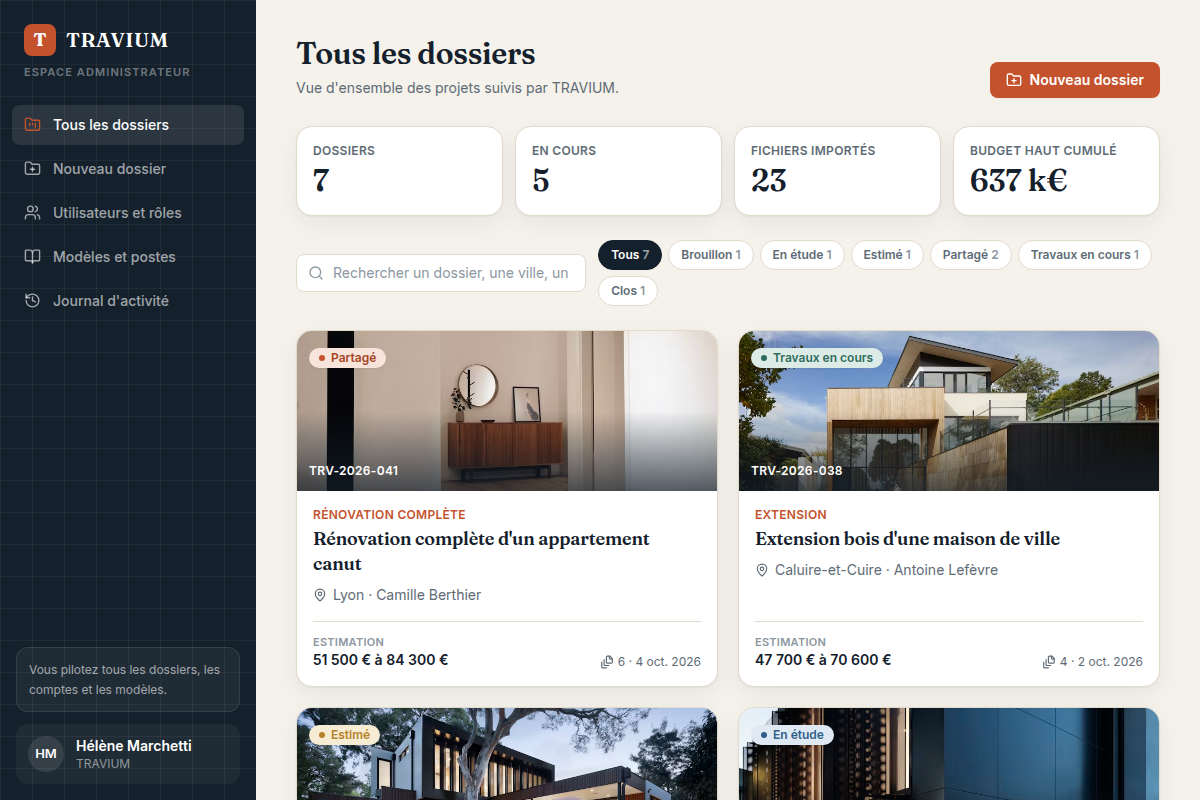 Tous les dossiers, indicateurs et filtres par statut