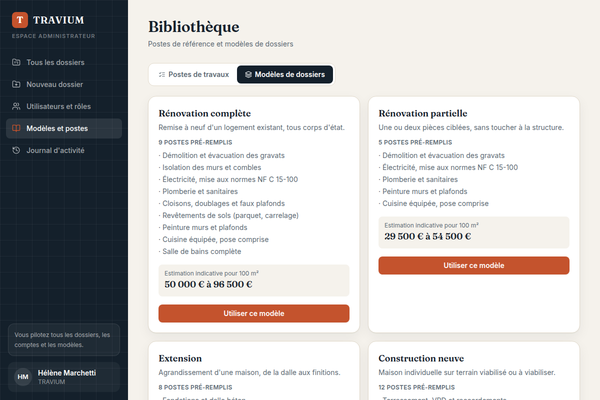 Modèles de dossiers et estimation pour 100 m²