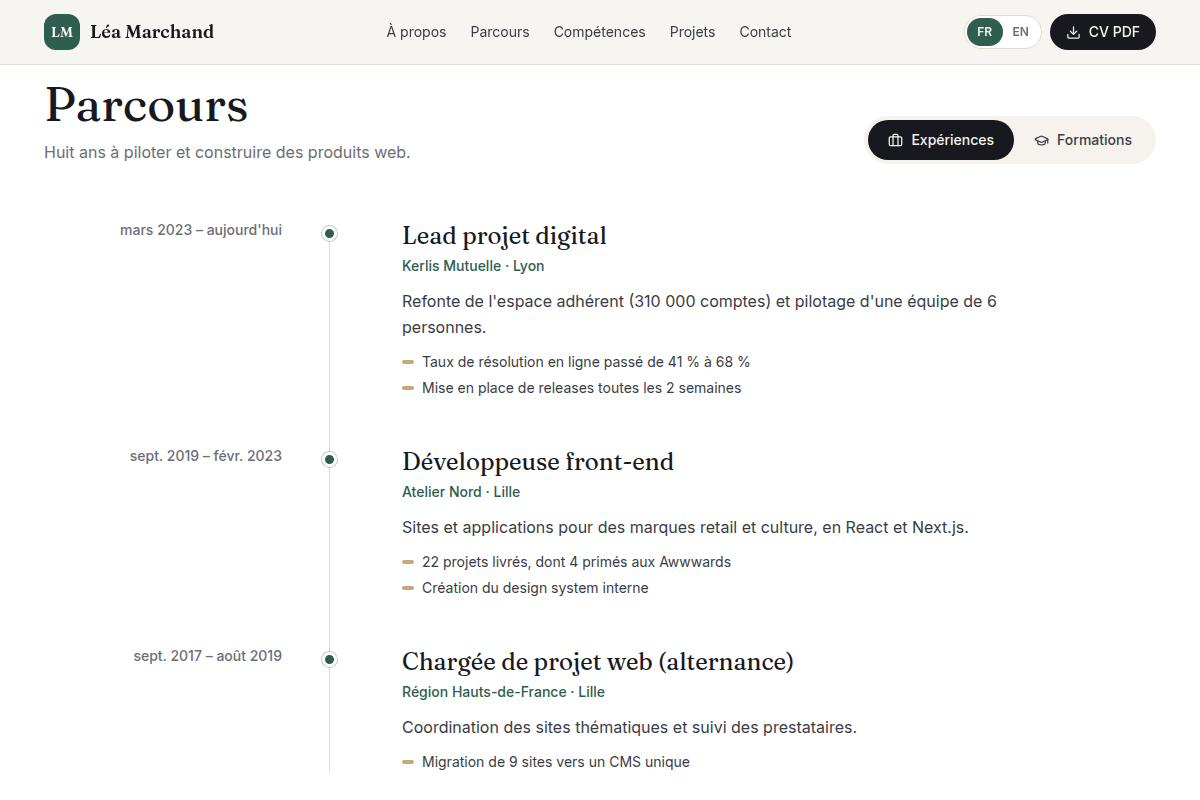 Parcours : frise des expériences avec résultats