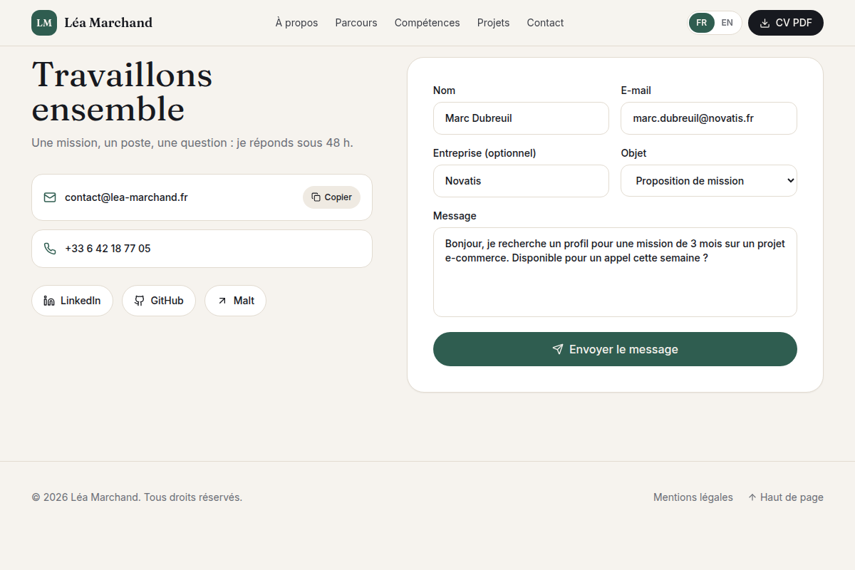 Formulaire de contact rempli, email copiable