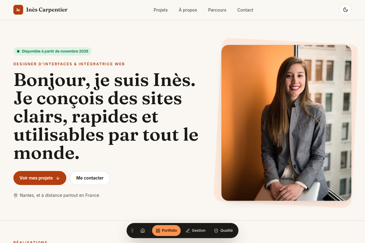 Accueil : présentation, disponibilité, CTA