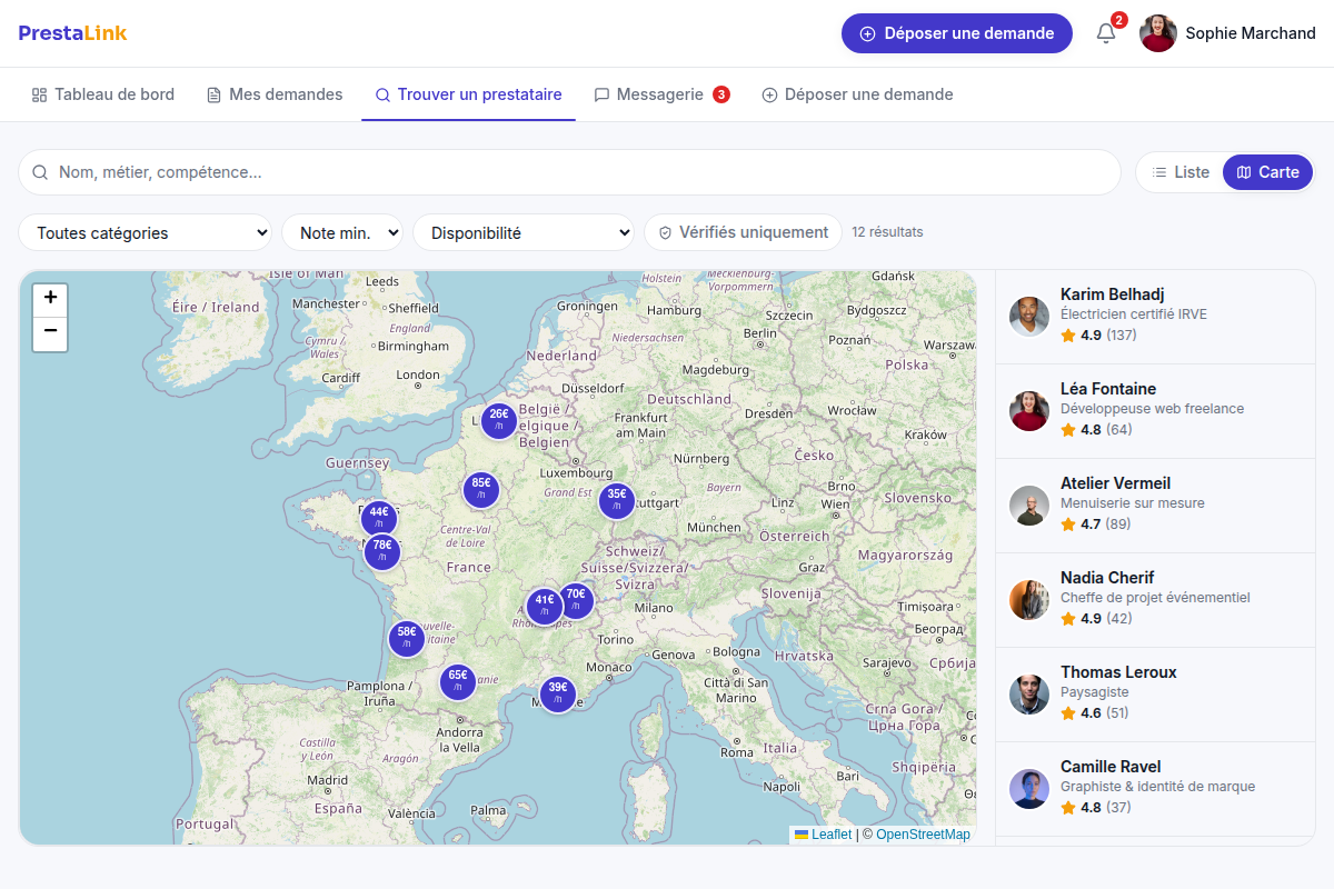 Recherche de prestataires avec carte interactive