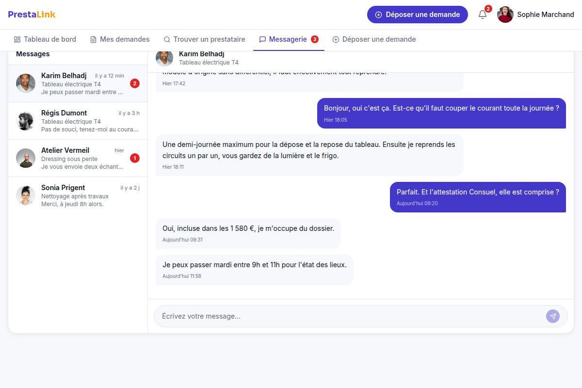 Messagerie intégrée avec les prestataires