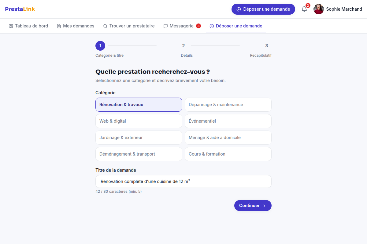 Dépôt d'une demande, catégorie et description