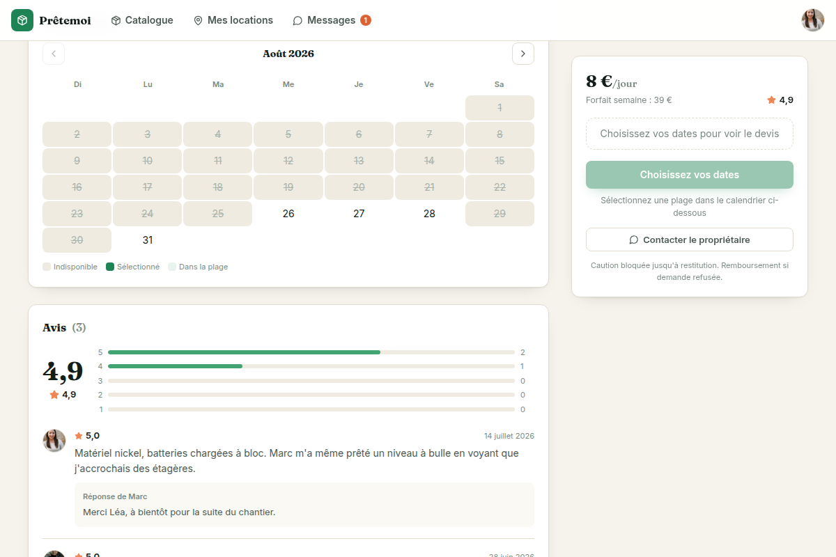Calendrier de disponibilité et sélection des dates