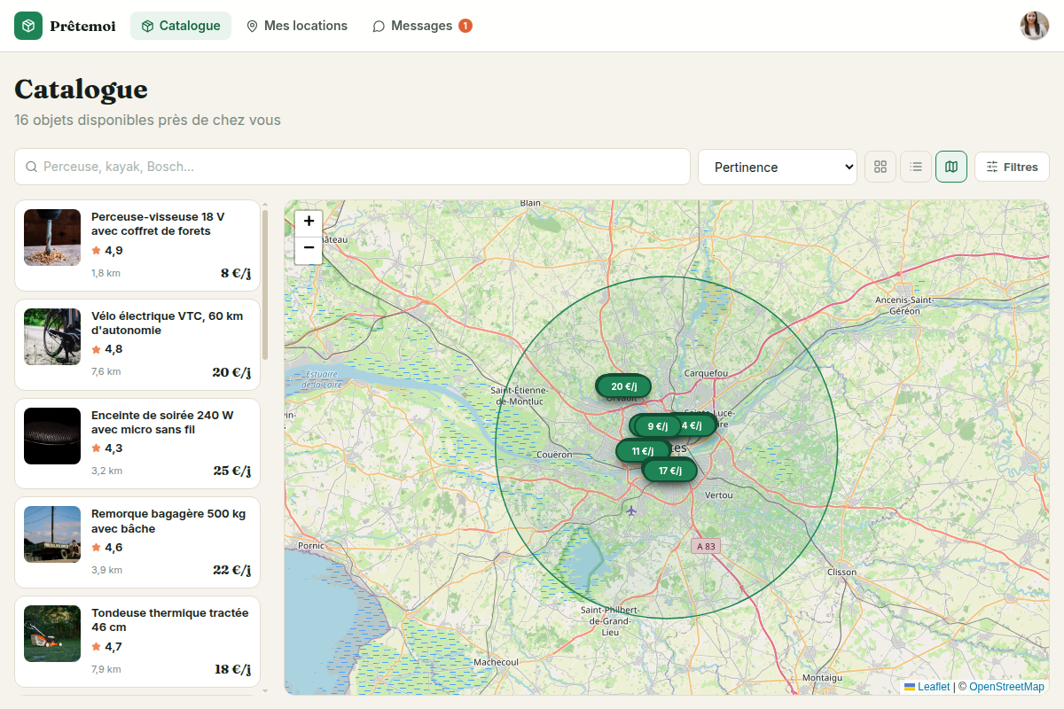 Vue carte du catalogue avec objets géolocalisés